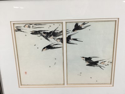 Lot 53 - Japanese print, Watanabe Seitei (1851-1918) - birds in flight, with artists seal, the two panels together measuring 30.5cm x 21cm, mounted in glazed frame, 47cm x 38cm overall
