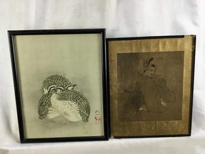 Lot 60 - Two Japanese paintings, Samurai on silk, 15.5cm x 16.5cm, in glazed frame, 20cm x 24cm overall and Partridges, 19cm x 24cm, signed in glazed frame, 21cm x 26cm overall (2)