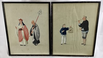 Lot 54 - Two antique Japanese gouache works on paper - priest figures and boy with a bird cage, both 27cm x 35cm in glazed frames, 29cm x 37cm overall (2)