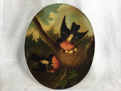 Lot 57 - Michaelangelo Meucci (1840-1890) oval oil on panel - Bullfinches, 21.5cm x 26.5cm, signed, gallery label verso, unframed