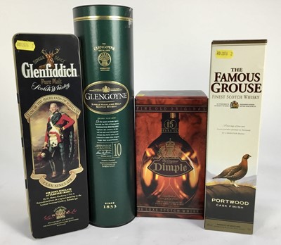 Lot 22 - Whisky - four bottles, Glengoyne 10 Year 1 litre, Glenfiddich Clan Sinclair 70cl, Dimple De Luxe Scotch whisky 70cl, and Famous Grouse Portwood cask finish, 70cl, each boxed