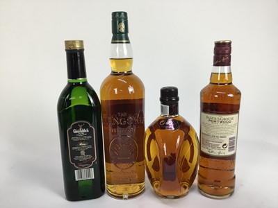 Lot 22 - Whisky - four bottles, Glengoyne 10 Year 1 litre, Glenfiddich Clan Sinclair 70cl, Dimple De Luxe Scotch whisky 70cl, and Famous Grouse Portwood cask finish, 70cl, each boxed