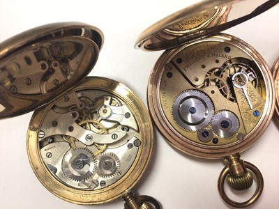 Lot 23 - Four gold plated pocket watches to include Waltham USA full hunter, Neva, Prescott England and one other