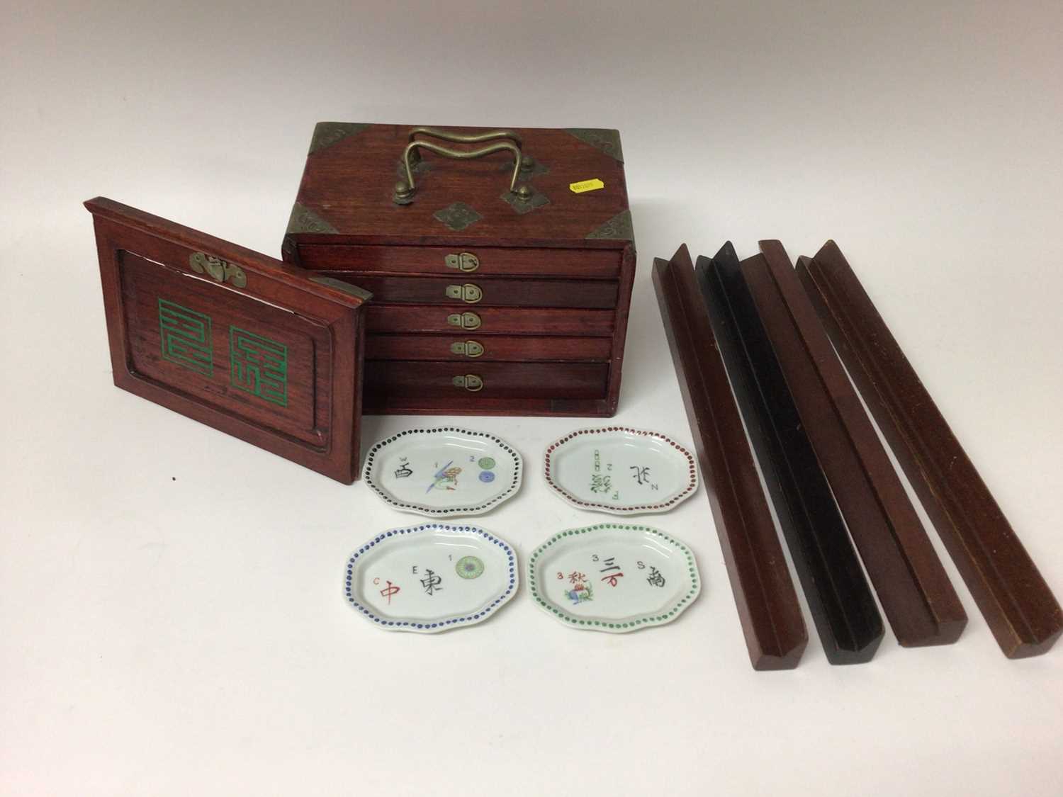 Lot 2464 - Mahjong set in fitted cabinet with bone and bamboo counters, together with tile trays and a set of Rosenthal porcelain Mahjong coin dishes