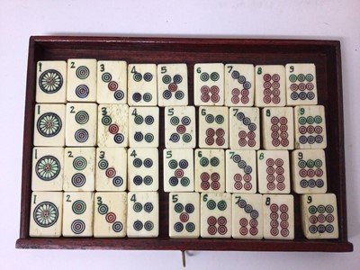 Lot 2464 - Mahjong set in fitted cabinet with bone and bamboo counters, together with tile trays and a set of Rosenthal porcelain Mahjong coin dishes