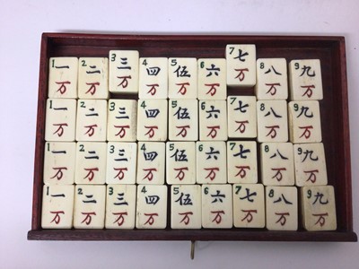 Lot 2464 - Mahjong set in fitted cabinet with bone and bamboo counters, together with tile trays and a set of Rosenthal porcelain Mahjong coin dishes