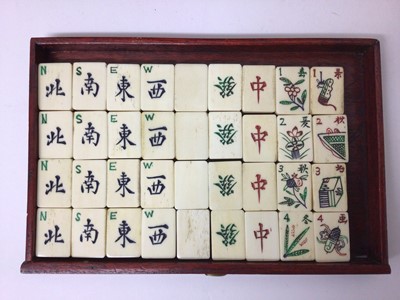 Lot 2464 - Mahjong set in fitted cabinet with bone and bamboo counters, together with tile trays and a set of Rosenthal porcelain Mahjong coin dishes