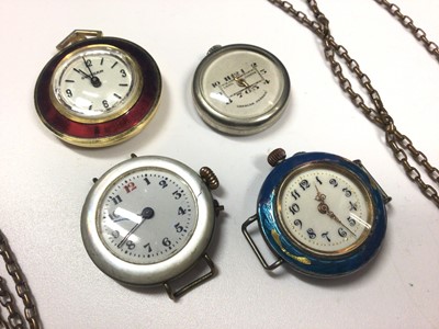Lot 26 - Collection of watching winding keys on long chain, one other watch chain, seal/fob key, vintage silver enamelled watch and three others