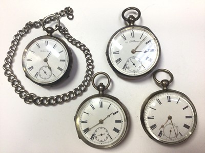 Lot 30 - Four silver cased pocket watches, one with silver watch chain
