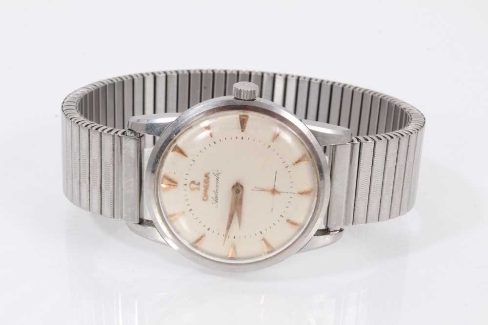 Lot 571 - 1950s gentlemen's Omega Automatic wristwatch with silvered dial, triangular gold coloured hour markers and gold coloured dagger hands in stainless case
