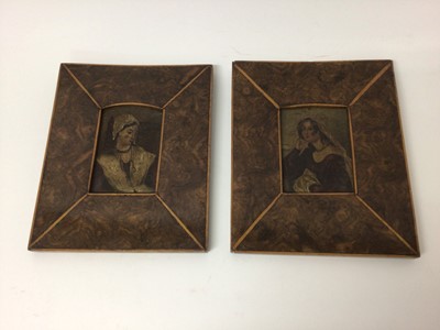 Lot 202 - Pair attractive early 19th century burr walnut frames contains overpainted prints women