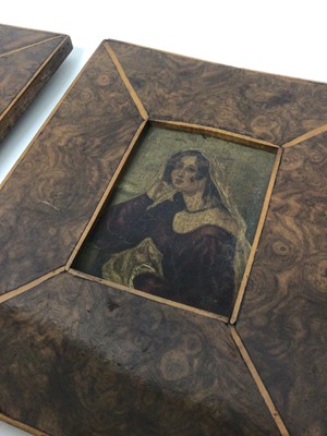 Lot 105 - Pair attractive early 19th century burr walnut frames contains overpainted prints women
