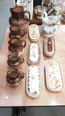 Lot 665 - Group of antique ceramics to include William & Adelaide commemorative jug, Doulton saltglazed stoneware harvest jugs and toothbrush/razor boxes