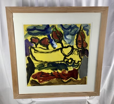 Lot 188 - Bill West, acrylic on paper - boat on a lorry in an olive grove, signed with initials