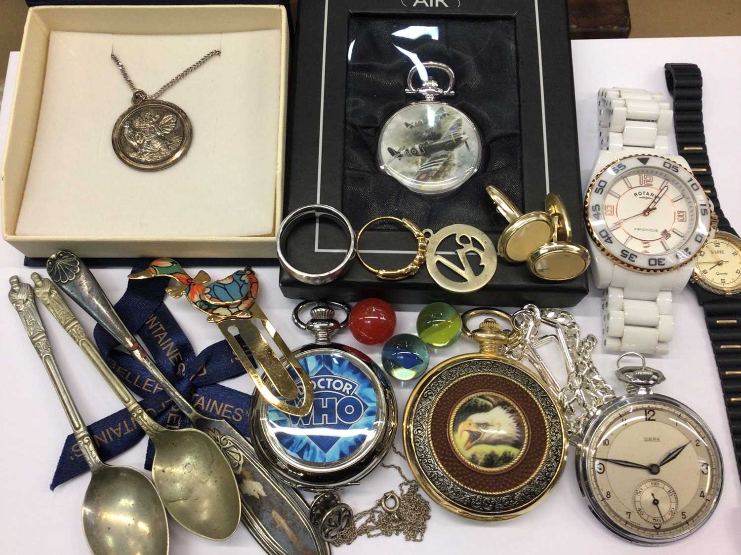 Lot 801 - Silver St. Christopher pendant on chain, various pocket watches, Rotary Ceramique wristwatch and bijouterie