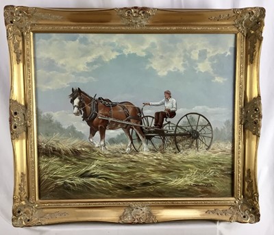 Lot 341 - Continental School, 20th century, oil on canvas, hay making, indistinctly signed, 51cm x 61cm, in gilt frame