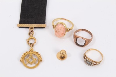 Lot 224 - Georgian seed pearl mourning ring, cameo ring, 9ct gold ring with missing centre, gold stud and 9ct gold Masonic pendant on 9ct gold mounted black ribbon