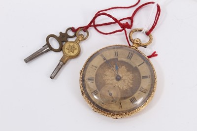 Lot 282 - 18ct gold cased pocket watch with gilt face, subsidiary seconds dial and Roman numeral markers