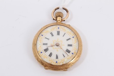 Lot 283 - 18ct gold cased fob watch with white enamel dial with gilt decoration and Roman numeral markers, in engraved gold case