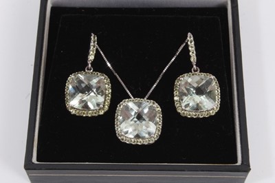 Lot 285 - 9ct white gold gem set pendant on 9ct white gold chain and pair of matching earrings