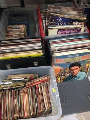 Lot 299 - Two carry cases containg Elvis records, one other box of LP records and two boxes of singles (5 boxes)