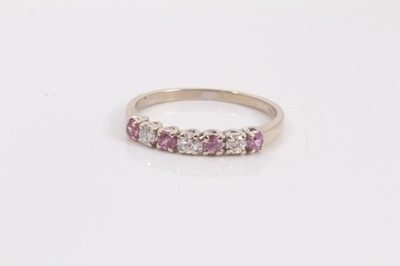 Lot 72 - 18ct white gold diamond and pink tourmaline seven stone ring and pair of similar 9ct white gold earrings