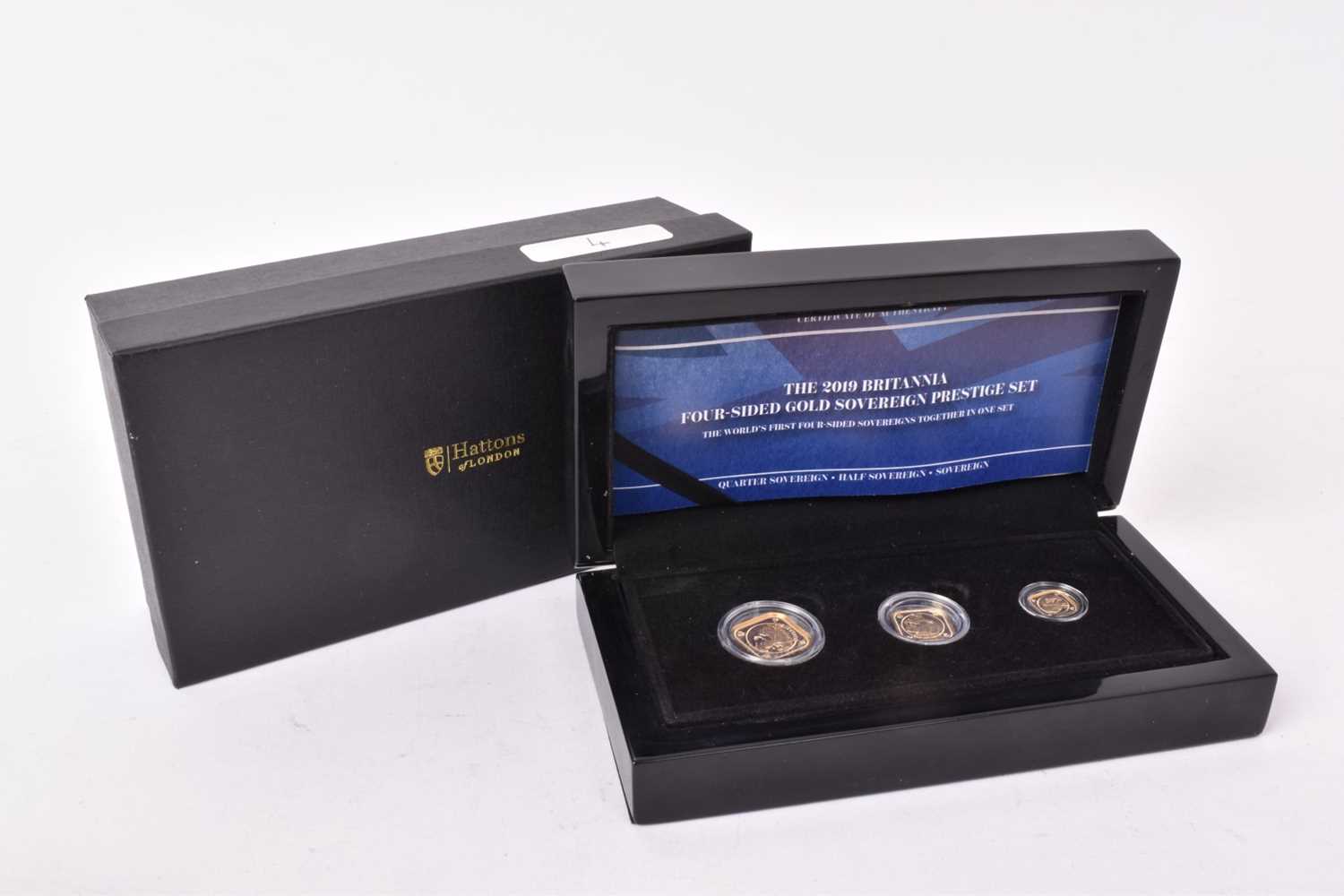 Lot 436 - Tristan Da Cunha - Hattons Prestige Gold Sovereign proof set commemorating 'The 2019 Britannia Four Sided Gold Set' to include Sovereign, Half Sovereign, Quarter Sovereign, struck in 22ct gold