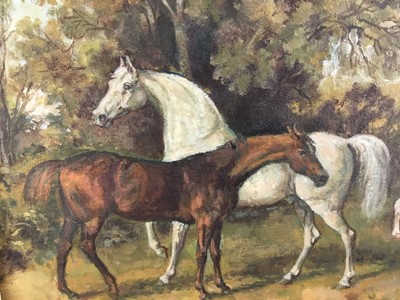 Lot 30 - English School oil on card - horses and cattle, 43.5cm x 26cm, in gilt frame, 54cm x 37cm overall