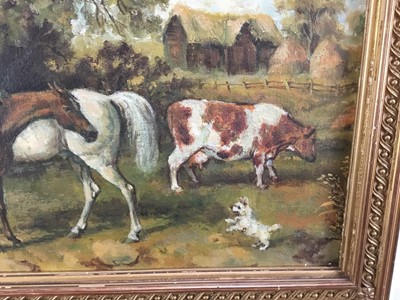 Lot 30 - English School oil on card - horses and cattle, 43.5cm x 26cm, in gilt frame, 54cm x 37cm overall