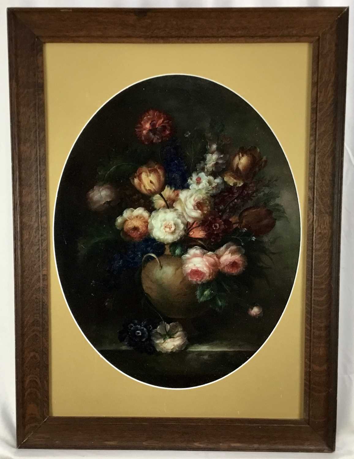 Lot 32 - Emilio Greco oil on wood board - still life of flowers, 38.5cm x 49cm in oval mount, 51cm x 68cm overall, framed
