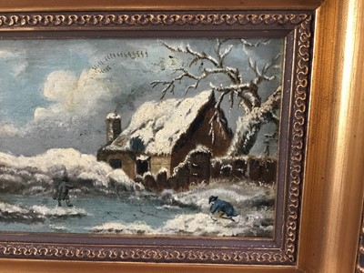 Lot 34 - Manner of George Morland two oil on panel - hunter returning 19cm x 12cm in gilt frame (30cm x 22cm overall) and winter scene, 16.5cm x 10cm in gilt frame (27cm x 20.5cm overall) (2)