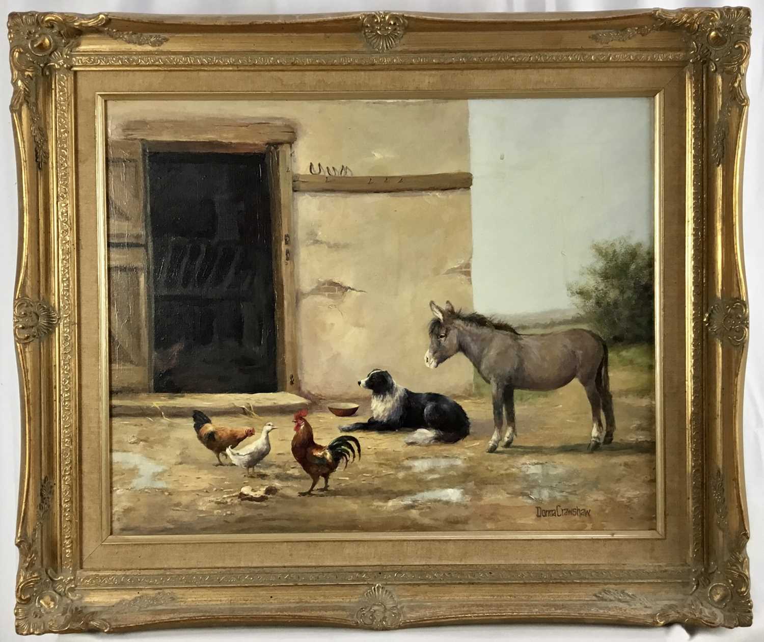 Lot 79 - Donna Crawshaw (b.1960) oil on canvas - ‘An Empty Bowl’, poultry, a sheepdog and a donkey by a stable door, signed, 40 x 50cm, in gilt frame 65cm x 55cm overall
