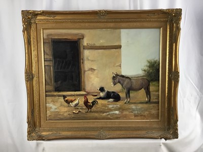 Lot 79 - Donna Crawshaw (b.1960) oil on canvas - ‘An Empty Bowl’, poultry, a sheepdog and a donkey by a stable door, signed, 40 x 50cm, in gilt frame 65cm x 55cm overall