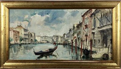 Lot 84 - Gianni Scarpa, oil on canvas - The Grand Canal Venice, signed, 39cm x 19cm, in gilt frame 46cm x 26cm overall