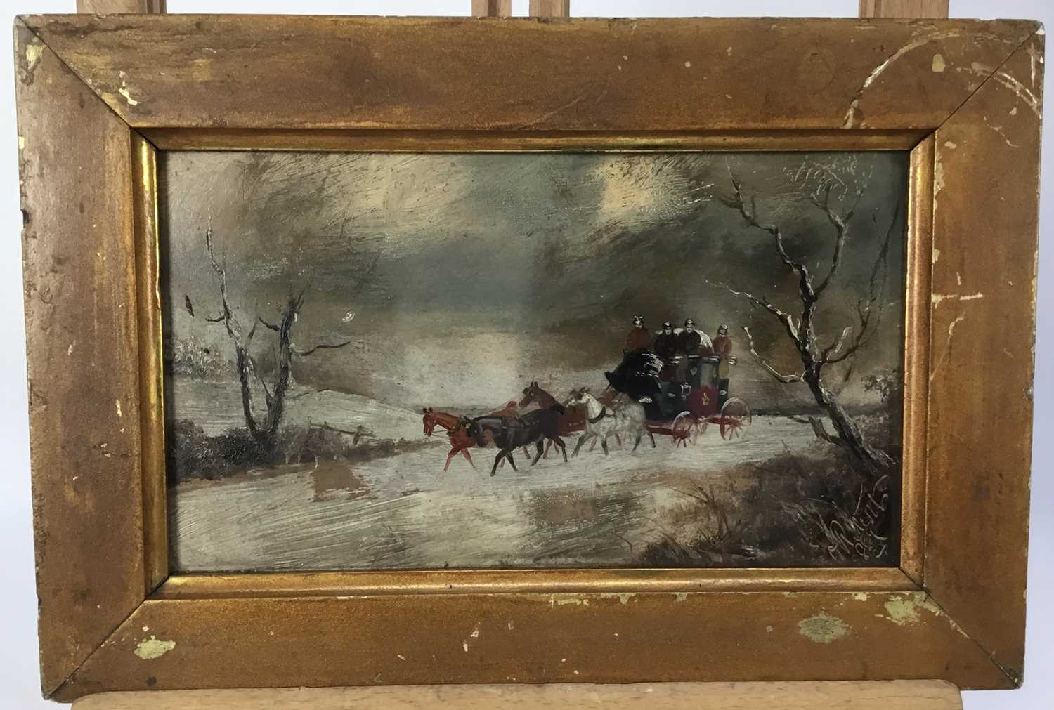 Lot 104 - P.H. Rideout 1860 - 1920, oil on board - A coach and horses in the snow, signed, 13cm x 21cm, framed