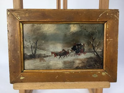 Lot 104 - P.H. Rideout 1860 - 1920, oil on board - A coach and horses in the snow, signed, 13cm x 21cm, framed