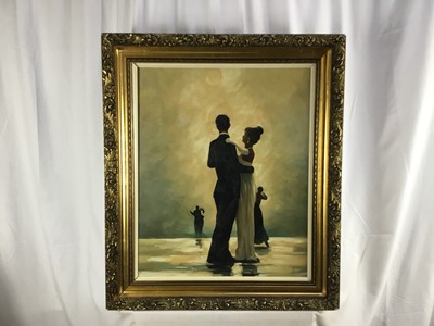 Lot 80 - Manner of Jack Vettriano, oil on canvas - dancers, 58 x 47cm, in gilt frame