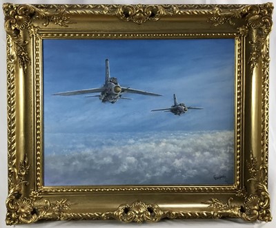 Lot 219 - Roy Gargett (1931 - 2025) oil on canvas - R.A.F. F 35B fighter jet, signed, 34cm x 44cm in gilt frame