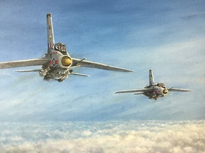 Lot 219 - Roy Gargett (1931 - 2025) oil on canvas - R.A.F. F 35B fighter jet, signed, 34cm x 44cm in gilt frame