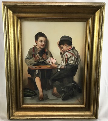 Lot 133 - Italian School 20th Century, oil on canvas - boys playing cards, indistinctly signed, 39cm x 29cm