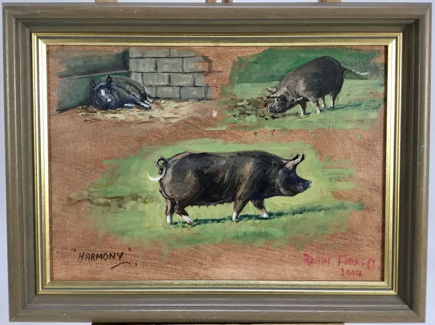 Lot 114 - Robin Furness, oil on board, "Harmony" a sow, signed, inscribed and dated 2004, in painted frame. 24 x 35cm.