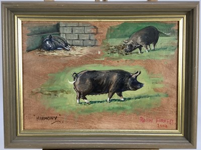 Lot 149 - Robin Furness, oil on board, "Harmony" a sow, signed, inscribed and dated 2004, in painted frame. 24 x 35cm.