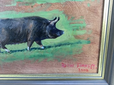 Lot 149 - Robin Furness, oil on board, "Harmony" a sow, signed, inscribed and dated 2004, in painted frame. 24 x 35cm.