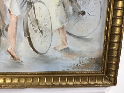 Lot 81 - French School 20th Century, oil on canvas - figures with bicycles, monogrammed, in gilt frame