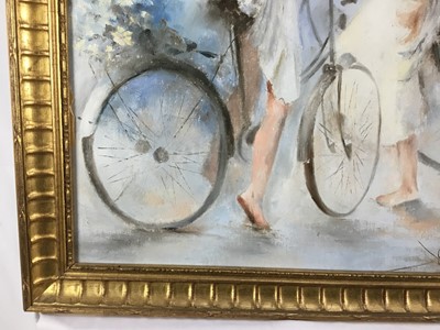 Lot 81 - French School 20th Century, oil on canvas - figures with bicycles, monogrammed, in gilt frame