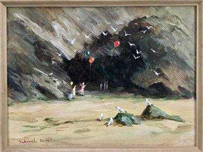 Lot 131 - Deborah Jones (1921 - 2012) oil on board - children playing in the sand, signed, 29cm x 39cm