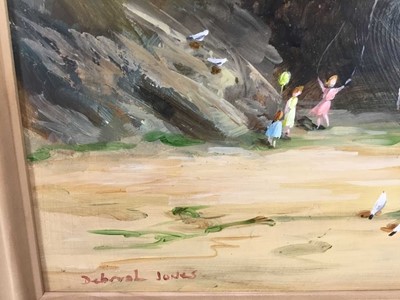Lot 131 - Deborah Jones (1921 - 2012) oil on board - children playing in the sand, signed, 29cm x 39cm