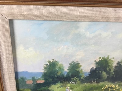 Lot 85 - Derek Chittock (1922 - 1986) oil on artist board - A view of Seal Church, Norfolk, with a figure sat on a heath 
in the foreground, Edith Grove gallery label verso, 19cm x 29cm.