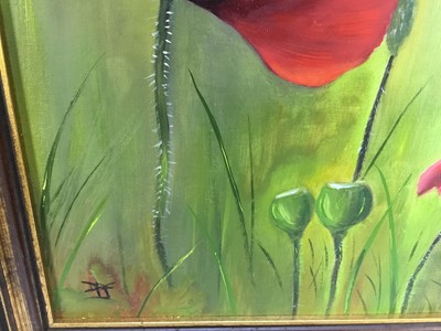 Lot 150 - Vivek Mandalia, oil on board, poppies and bumble bees, signed. 30 x 28cm.