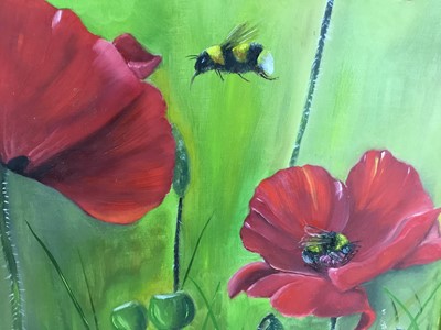 Lot 150 - Vivek Mandalia, oil on board, poppies and bumble bees, signed. 30 x 28cm.